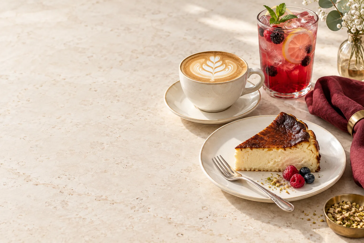 Latte, cheesecake ve meyveli soğuk içecekten oluşan temsili sunum